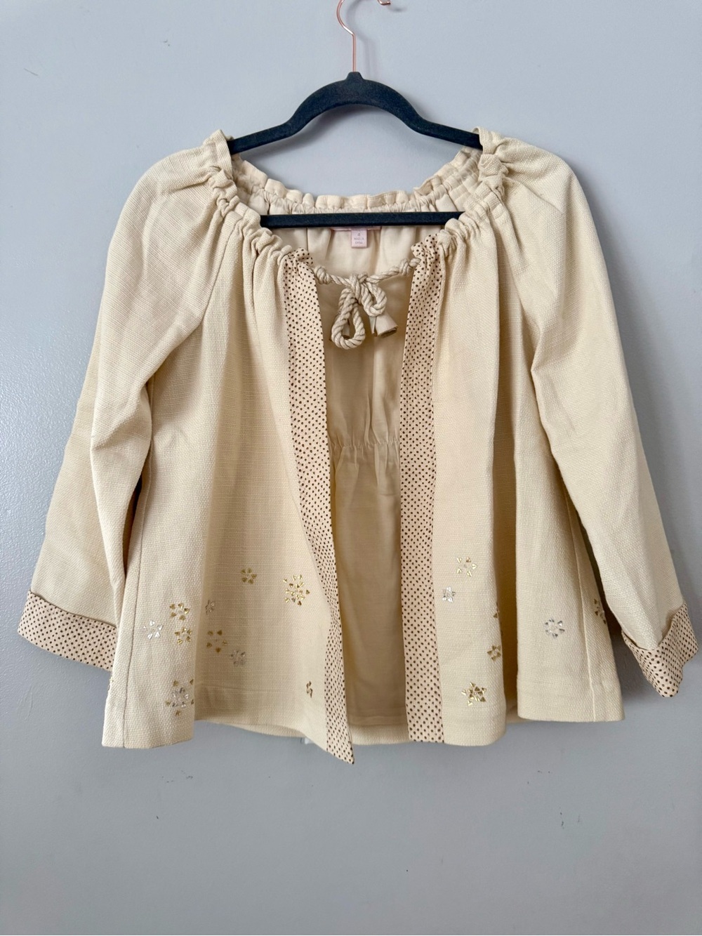 🌿Rebecca Taylor Ivory Cotton-Silk Open Swing Jacket with Floral Appliqué